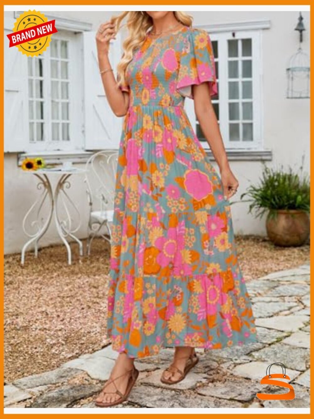 Boho Floral Maxi Dress - Short Flutter Sleeve Smocked Tiered Flowy - Picture 3 of 7